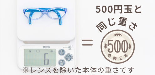 500円玉とほぼ同じ重さ（約6g）である、トマトグラッシーズの優れた超軽量性を表すイメージイラスト。